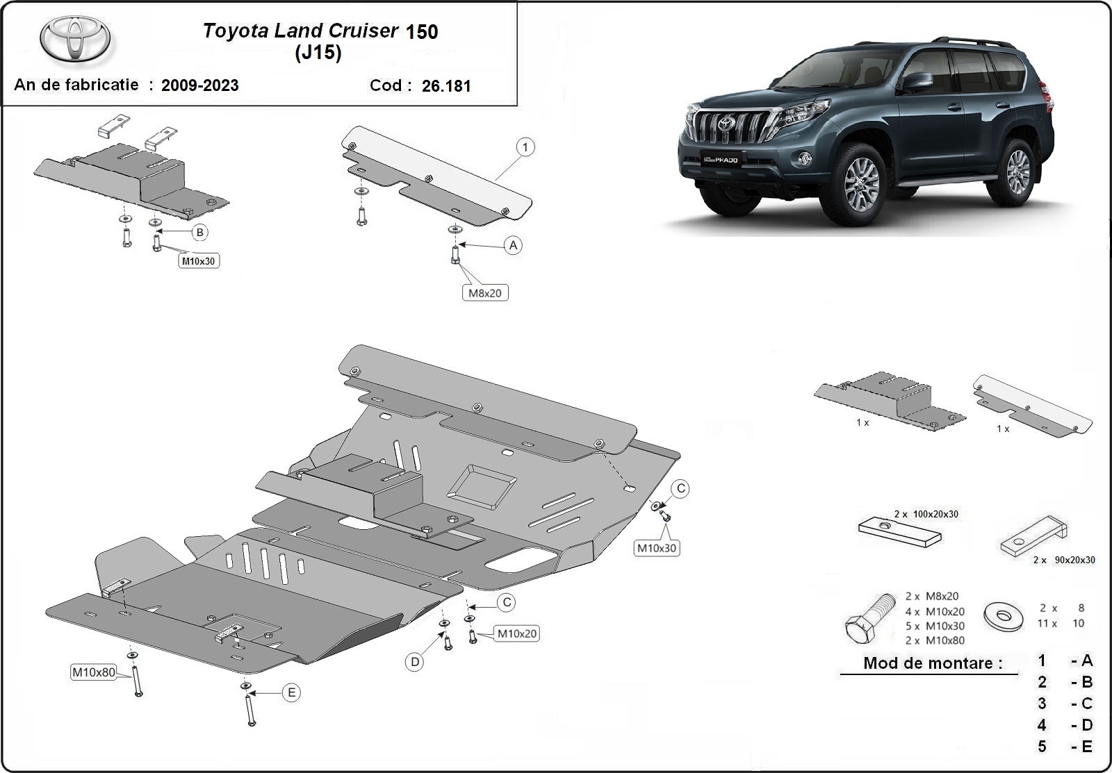 Ocelový kryt olejové vany pro Toyota Land Cruiser 150 2009 - 2023, všechny motory