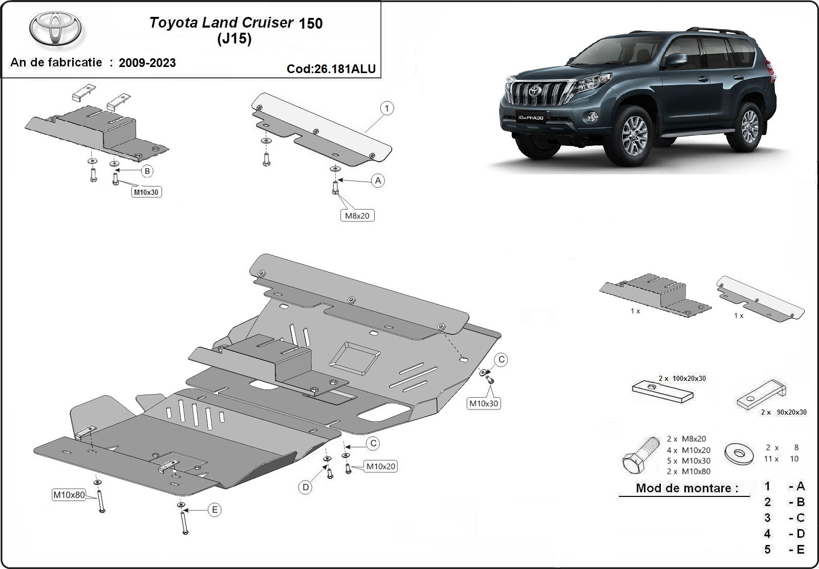 Hliníkový kryt olejové vany pro Toyota Land Cruiser 150 2009 - 2023, všechny motory
