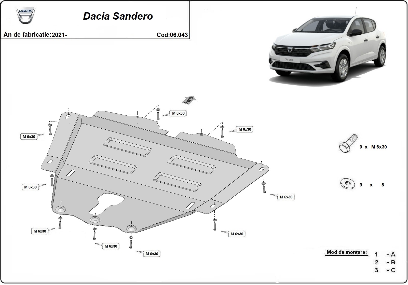 Ocelový kryt olejové vany pro Dacia Sandero 3 2021 - 2026, všechny motory