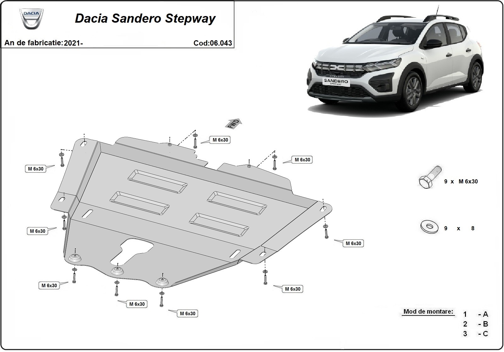 Ocelový kryt olejové vany pro Dacia Sandero 3 Stepway 2021 - 2026, všechny motory